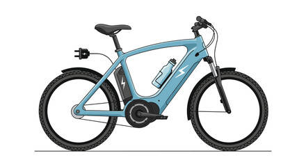 Fototapeta premium Modern blue electric mountain bike illustration featuring a battery pack, motor, and a water bottle attached to the frame for long rides.