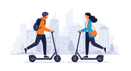 Obraz premium Man and woman riding modern electric kick scooters towards each other against a soft city skyline background in a clean flat illustration style.