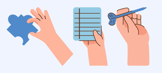 Cartoon Hands Holding Puzzle Piece Note And Dart Game