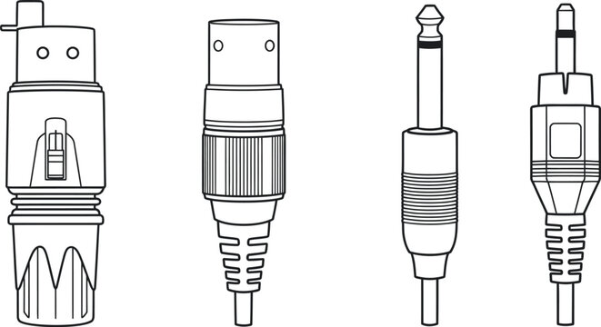Outline illustration set of 4 audio cable connectors XLR male XLR female quarter inch jack and RCA plug