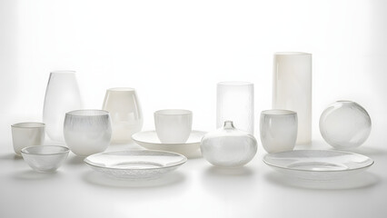 Diverse collection of elegant white and translucent minimalist tableware and decorative pieces, showcasing modern design and sophisticated simplicity on a clean background