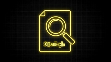 Neon search icon glowing on dark background with grid pattern