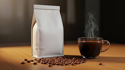 High-quality roasted coffee beans and a steaming cup of black coffee on a wooden surface, ideal for marketing and advertising