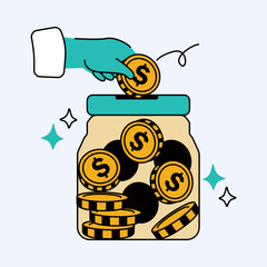 Depositing Dollar Coins into a Savings Jar Financial Concept