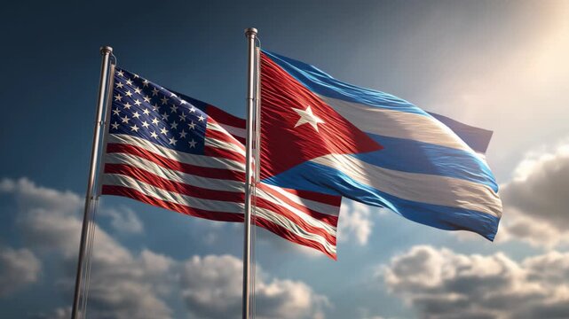Cultural exchange event between usa and cuba flags flying outdoor setting dynamic viewpoint unity concept