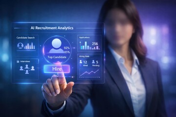 Obraz premium Business woman with ai recruitment analytics dashboard in modern corporate environment with moody lighting