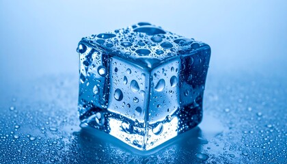 Close-up of a single ice cube with water droplets on a blue surface.