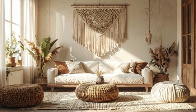 Boho-Wohnzimmer mit Makramee-Deko