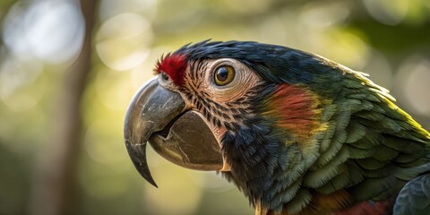 Close-up of parrot face, detailed beak texture, expressive eyes, natural rainforest light, shallow depth of field, cinematic tropical wildlife shot