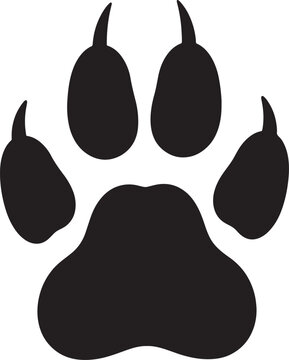 Black paw print with five distinct toes and claws on a white background also transparent background