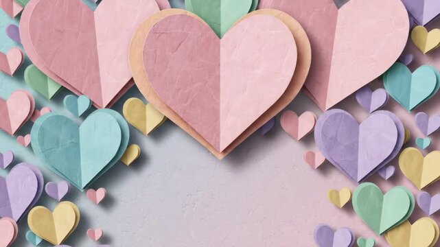 Colorful pastel paper hearts of different sizes frame a soft textured background, leaving empty copy space in the center. Cute romantic backdrop for Valentine&rsquo;s cards, posters and greetings.