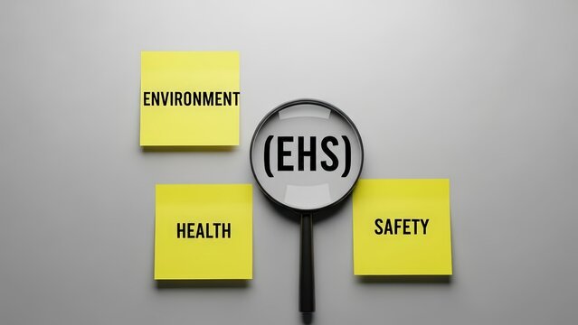 EHS concept with magnifying glass on environment health safety notes