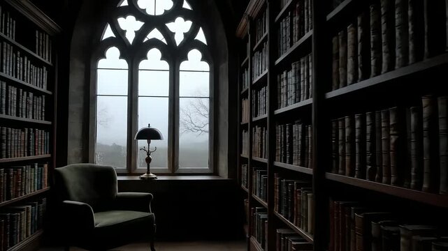 Gothic library interior with dark wood bookshelves, green armchair, and vintage lamp by an ornate window overlooking a misty, bare tree. Ideal for academic, mystery, fantasy, or cozy reading scenes.