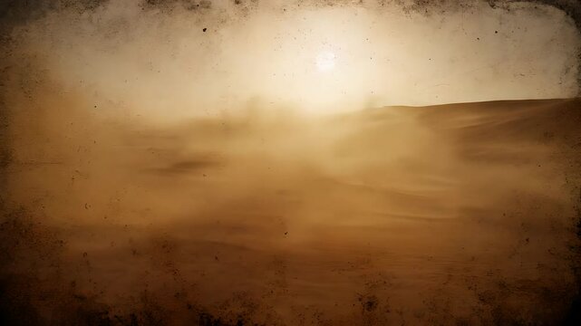 Desert sandstorm with sun obscured by blowing dust, featuring a vintage, grunge, old film aesthetic. Ideal for historical, documentary, travel, climate, and artistic projects.