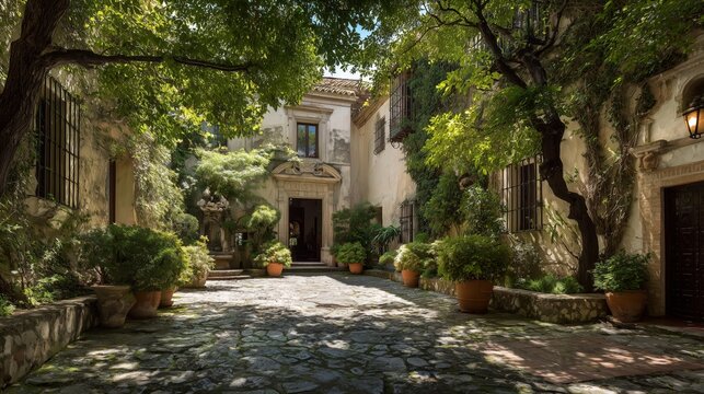Experience the timeless beauty of a sun-dappled Mediterranean courtyard, showcasing lush green foliage, historic cobblestone pathways, intricate architectural details, a grand entryway, traditional gr