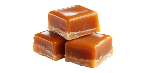Stack of three chewy caramel candies isolated on a transparent background