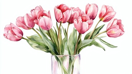 Fototapeta premium Pink Tulips Watercolor Bouquets Glass Vase Floral Illustration Artwork for Design Projects