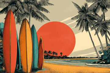 Vintage illustration of surfboards and palm trees on the beach at sunset, with retro colors and high levels of detail