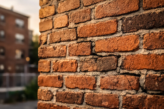 Close-up of a weathered, rustic red brick wall with warm, evening light. Cracks are evident in the mortar. Architectural background. Stair-step pattern design element.