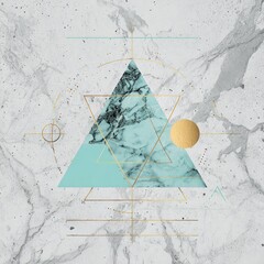 Abstract geometric design with triangle and golden elements on marble texture