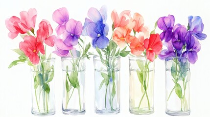 Obraz premium Watercolor illustration material set of sweet peas in a glass vase