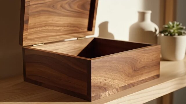 Wooden Box Open Close Reveal Elegant Wood Craftsmanship Jewelry Storage Treasure Chest Keepsake Container Artisan Handmade Luxury Design Minimalist Aesthetic Lifestyle Video Footage Stock
