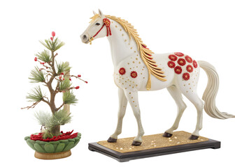 White Horse Pine Bonsai Red Berry Gold Spots Japanese Lucky Figurine Statue Ornament horse, whitehorse, bonsai, pine, redberry, goldspots, japanese, figurine, statue, ornament, luckyhorse, auspicious