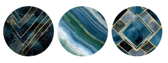 Abstract geometric designs in circles with blue and gold elements