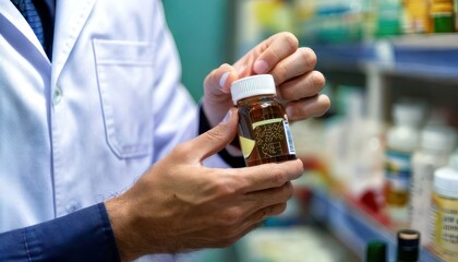 Pharmacist Examining Medication Bottle in Pharmacy Setting.