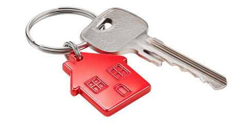 Red House Keychain and Silver Key isolated on a transparent background