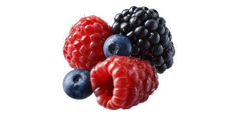 Red raspberries and blueberries with blackberry isolated on a transparent background