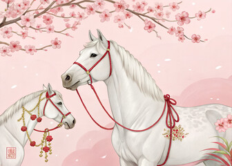 White Horses Trio Red Gold Floral Garland Tassel Bell Ornament Japanese Figurine Statue horses, trio, whitehorses, redgarland, goldchain, floral, roses, tassel, bell, ornament, figurine, statue