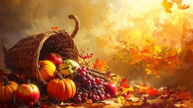 Abundant autumn harvest overflowing from a woven cornucopia, surrounded by colorful leaves.