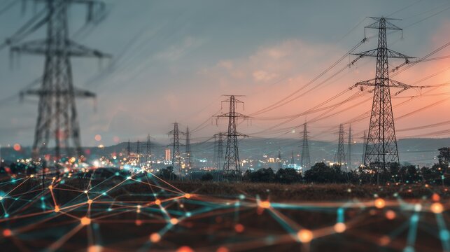 Electricity transmission towers silhouetted against an evening sky with a digital network overlay, concept for future infrastructure, smart grid technology and global power distribution - Powered by Adobe