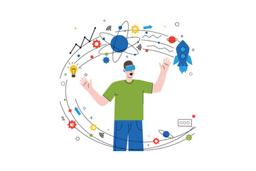 Man wearing VR headset experiencing immersive virtual reality technology with icons rocket