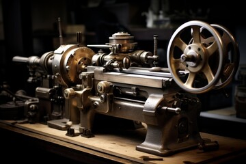 Vintage metalworking lathe machine standing ready for precision work in a dimly lit workshop