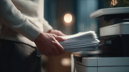 Office worker's hands holding a thick stack of papers near a photocopier machine in a dimly lit workspace, concept for document organization, corporate efficiency and printing services marketing