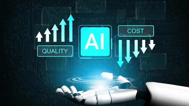 Futuristic robot hand demonstrating artificial intelligence metrics with quality and cost indicators in a digital environment, showcasing growth potential and technology impact Gluon.