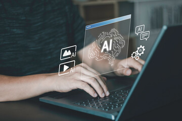 Artificial intelligence (AI) tools, machine learning automation, intelligent online content creation, generate and data processing. Hand typing on a laptop with holographic AI interface icons.