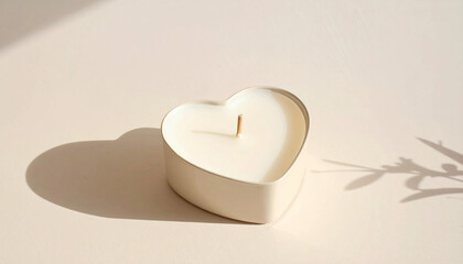 White heart shaped candle in tin with leaf shadow