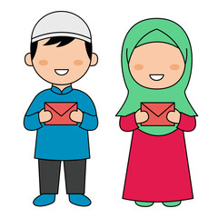 Eid ul Fitr Eidi Card with Cute Muslim Kids Flat Illustration