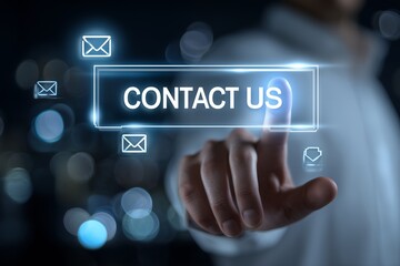 Professional hand presses a glowing virtual 'CONTACT US' button surrounded by email icons on a dark bokeh backdrop, concept for customer service, global communication and online technical support