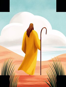 Un profeta cammina in un paesaggio desertico e stilizzato, tenendo in mano un bastone da viaggio. Concetto di viaggio spirituale.