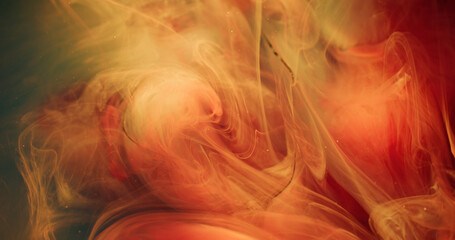 Atmospheric smoke. Shiny particles. Blur orange pink blue color cloud broken glass glitter ink splash on abstract underwater background.