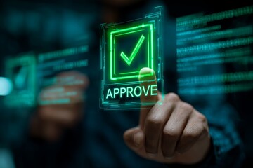 Hand of a CTO interacting with a glowing digital interface showing a green checkmark and "APPROVE" button, concept for security clearance, system validation and future authorization management
