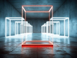 Abstract geometric neon light cubes in modern dark concrete interior