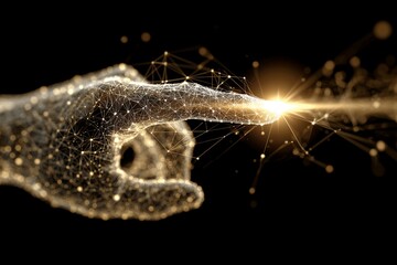 Abstract glowing digital hand structure touching a bright light flare on a dark background, concept for artificial intelligence, global network connection and futuristic interface design