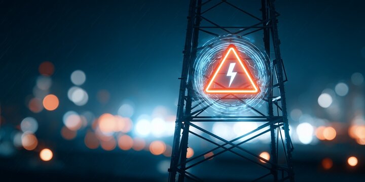Digital neon high voltage warning sign on an electricity pylon at night with city bokeh background, concept for power grid safety, energy security system and infrastructure warning display - Powered by Adobe