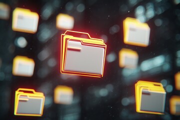 Glowing 3D folder icons floating in a dark digital space background with bokeh and particles, concept for data management, cloud technology and information security