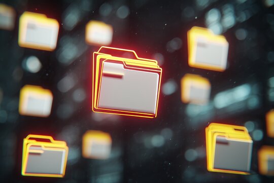Glowing 3D folder icons floating in a dark digital space background with bokeh and particles, concept for data management, cloud technology and information security - Powered by Adobe